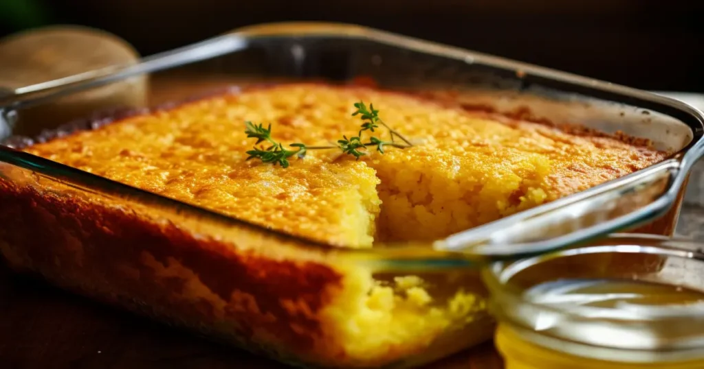 Freshly baked cornbread in a glass baking dish for chicken dressing recipe