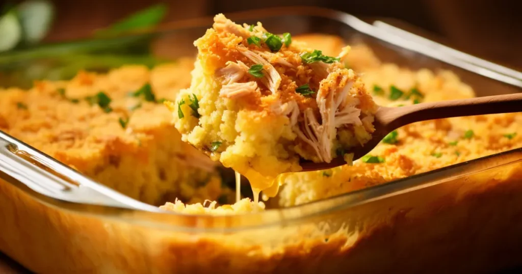 A close-up of a wooden spoon mixing shredded chicken, crumbled cornbread, diced celery, and fresh herbs in a glass baking dish. The chicken pieces, golden cornbread, and green herbs are evenly distributed, with rich seasoning and visible textures