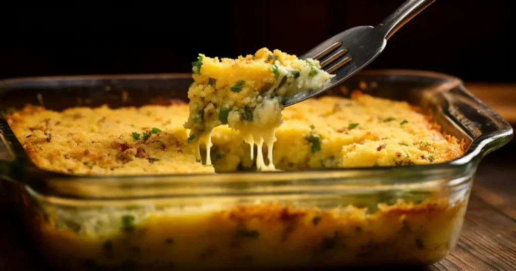 A close-up of a fork mixing shredded chicken, crumbled cornbread, diced celery, and fresh herbs inside a glass baking dish. The chicken pieces, golden cornbread, and vibrant green herbs are evenly combined, showing rich textures and seasoning. Warm natural lighting enhances the rustic kitchen setting.