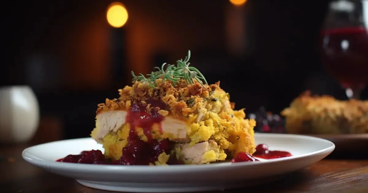 Southern-style chicken and dressing served on a rustic wooden table, featuring golden crispy cornbread dressing with tender shredded chicken, garnished with fresh herbs, and a side of cranberry sauce. High-quality food photography