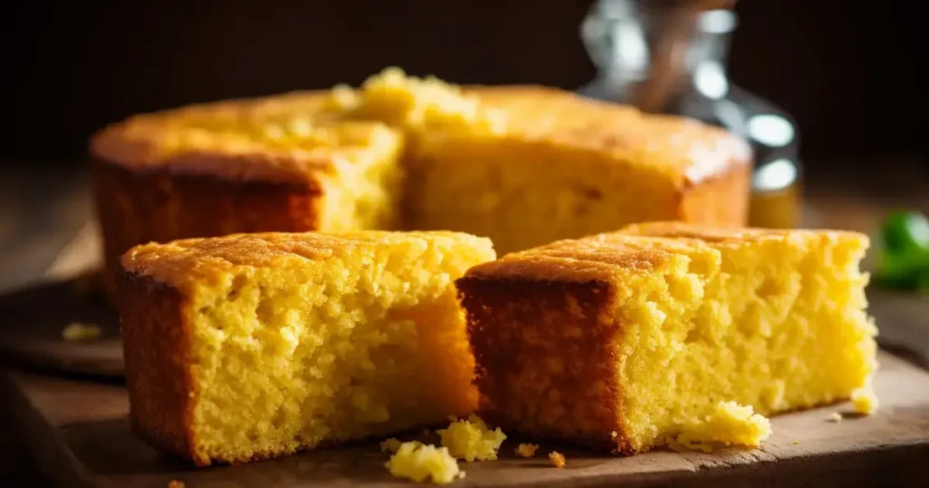 Stunning close-up of beautifully presented, freshly baked homemade cornbread elegantly crumbled on a pristine rustic wooden surface in soft morning light