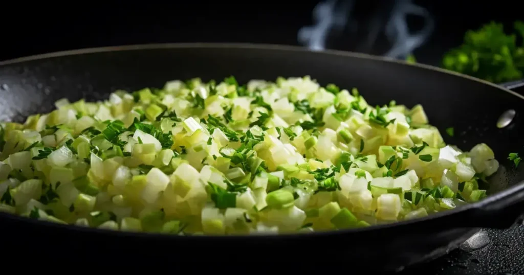 Close-up of a minimal portion of chopped onion and celery sautéed in melted butter in a minimalist skillet.