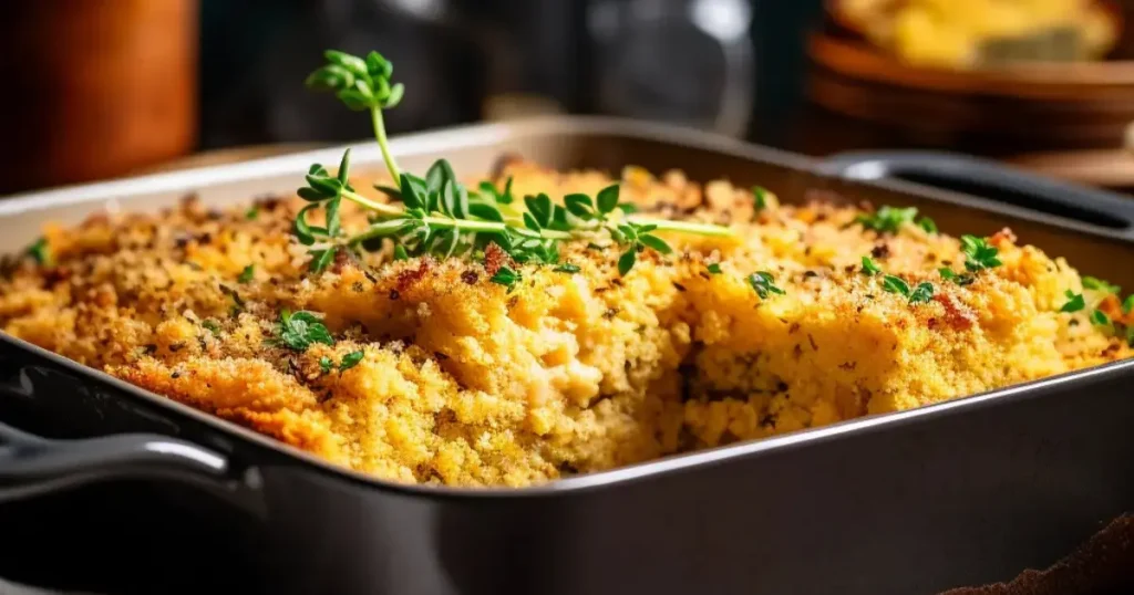 Golden-baked Southern cornbread dressing in a rustic casserole dish, with a crispy top and a moist, fluffy interior. Fresh herbs garnish the dish, enhancing its homemade, comforting appeal.