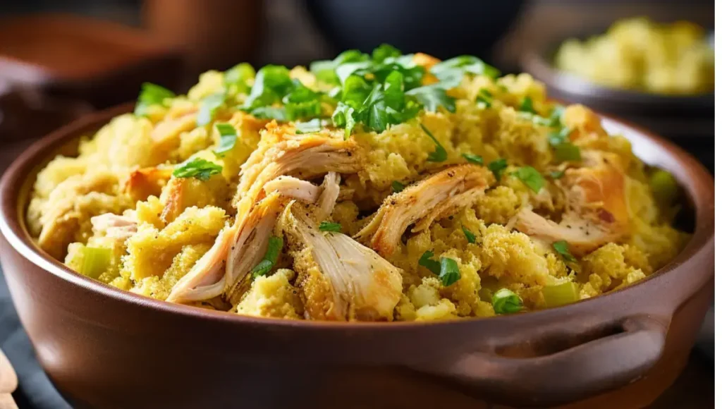 southern-style cornbread dressing in a rustic brown bowl, fully mixed with shredded chicken, sautéed onions, celery, and fresh herbs. The dish has a moist, fluffy texture with a golden color, perfect for a comforting homemade meal.