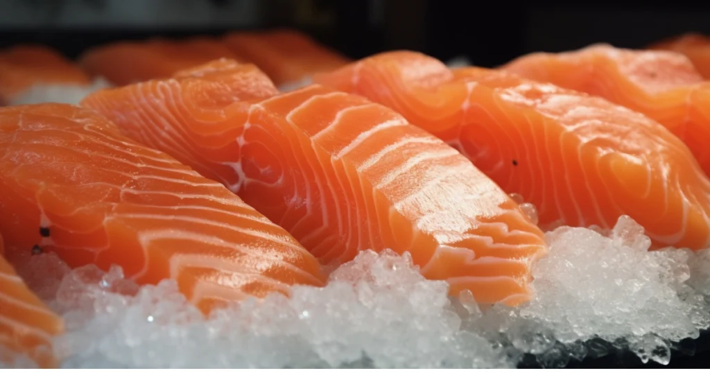 Fresh sushi-grade salmon fillets with vibrant orange color and rich marbling, neatly displayed on crushed ice at a high-end seafood market