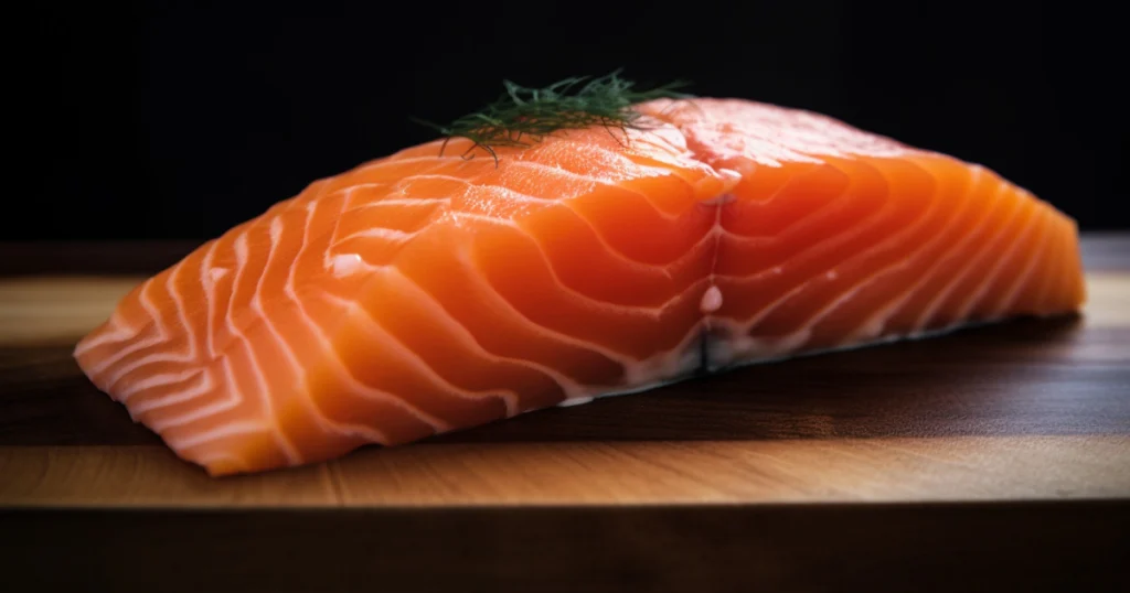 Close-up of a fresh sushi-grade salmon fillet with a bright orange color and visible fat marbling, placed on a wooden cutting board under soft natural lighting