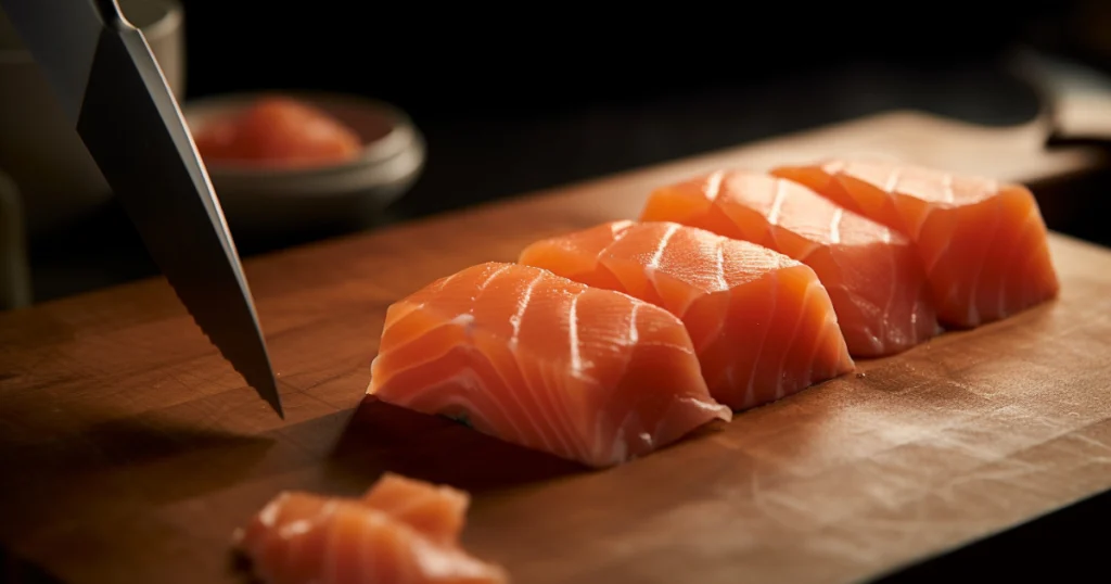 Close-up of sushi-grade salmon being sliced into perfect ½-inch cubes with a sharp Japanese knife on a wooden cutting board under soft natural light in a home kitchen setting