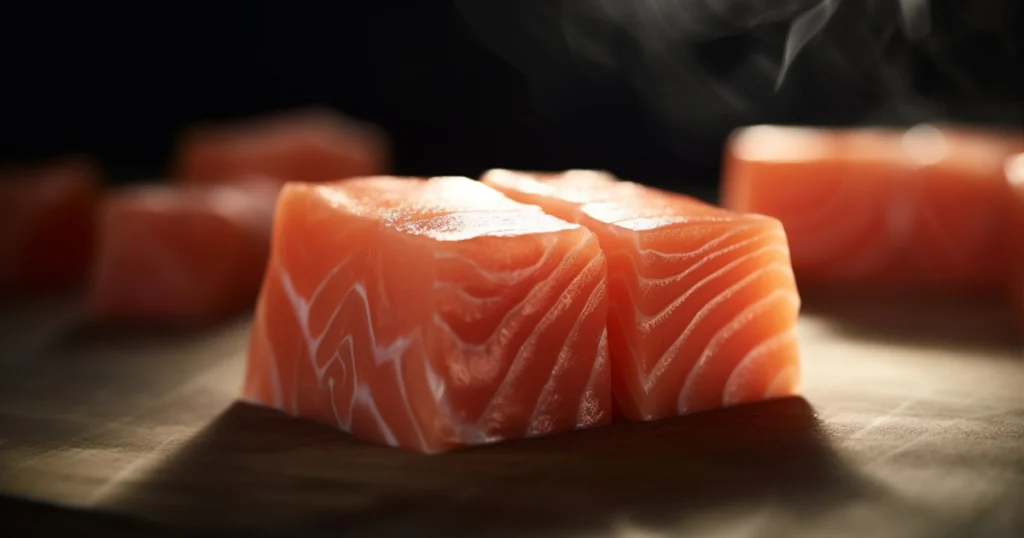 Fresh sushi-grade salmon fillet neatly cut into precise ½-inch cubes on a wooden cutting board under soft natural light in a cozy home kitchen setting, with no hands visible