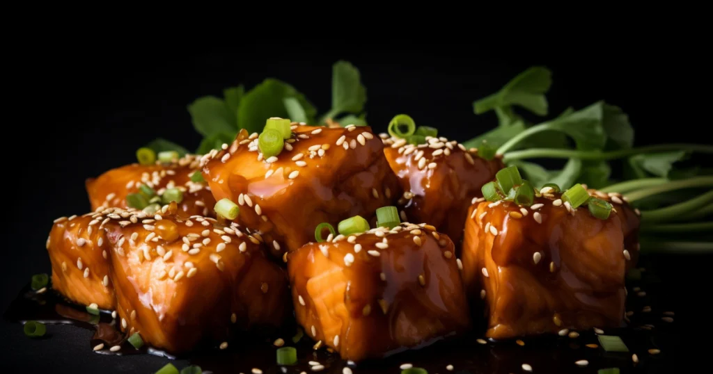 Close-up of sushi-grade salmon cubes being gently tossed in a soy-based marinade, garnished with green onions and toasted sesame seeds, captured in high detail with a natural, appetizing presentation