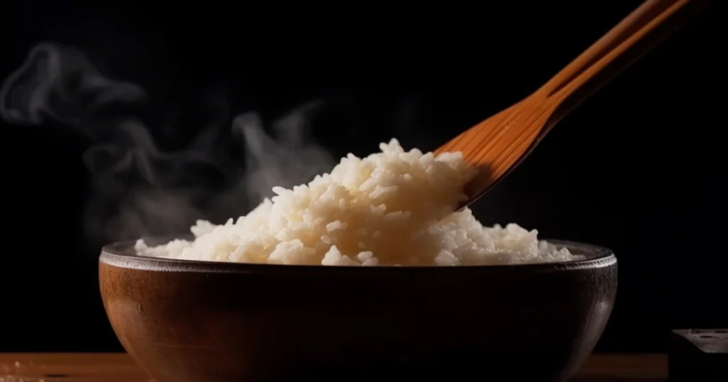 Close-up of perfectly cooked sushi rice being fluffed with a wooden spoon in a traditional wooden bowl, with steam rising, captured under soft natural lighting